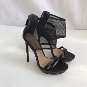 BCBG Max Azria Ferned Sandals Heel Leather Mesh Black Shoe Sandal 6.5 /36.5